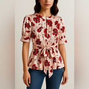 BCBGMAXAZRIA Red Floral Satin Tie-Waist Blouse – Size S (NWT)